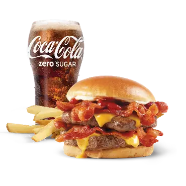 Baconator Combo 1 Wendy’s Baconator Combo featuring a Baconator burger with fresh beef patties, crispy applewood smoked bacon, melted American cheese, medium fries, and a refreshing soft drink, served on a tray in Baltimore.