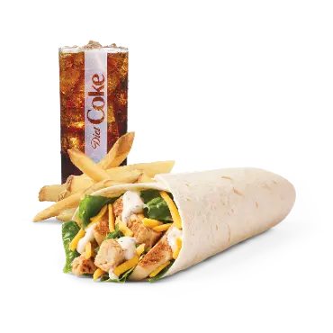 A delicious Wendy’s Grilled Chicken Wrap featuring tender grilled chicken, shredded cheddar cheese, and crisp lettuce, wrapped in a warm flour tortilla, served fresh and ready to enjoy.