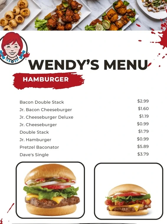 Wendys Hamburgers menu